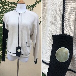 Steve Fabrikant Black and ecru Tan color block knitted cardigan asymmetric